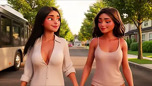 İki ateşli arkadaş otobüste hassas emzirme paylaşıyor sonra duş alıyor ve yırtık giysilerle yoğun terli spor salonu egzersizi