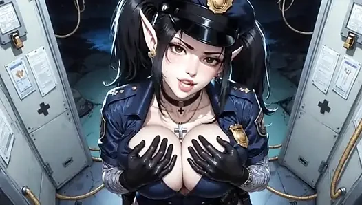 Anime sevimli polis memuru göğüslerini gösteriyor, ai animasyon