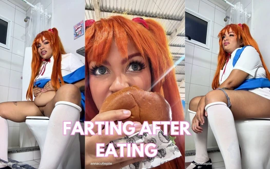 Furz-explosion nach cosplay mit aufgeblähten bauch
