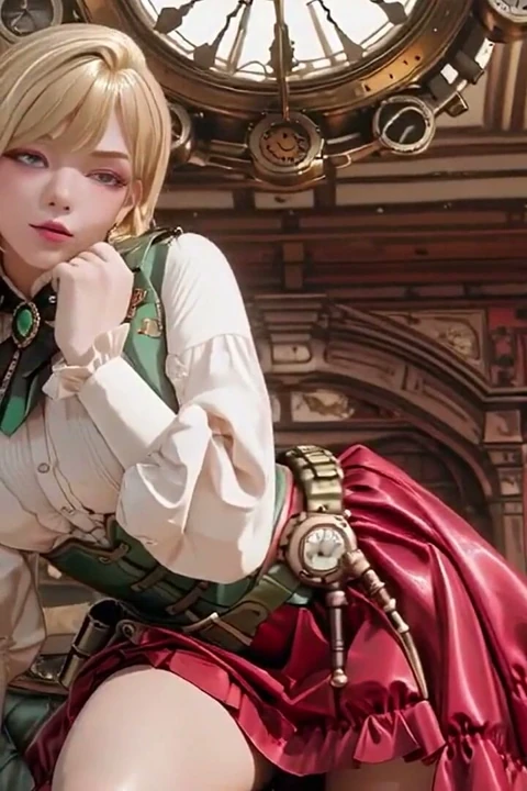Steampunk sarışın sekreter! Dev dişlilerin ortasında tembel pozlar