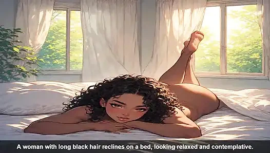 Uzun siyah saçlı bir kadın yatakta uzanıyor, rahat ve düşünceli görünüyor.