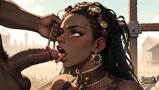 Zenci kraliçe çöl oral, steampunk seks ile baştan çıkarıyor.