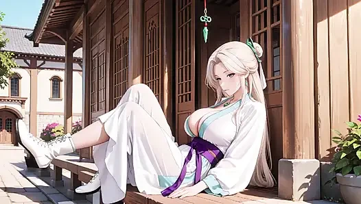 Beyaz Kimono hizmetçi! Japon koridorunda diz çöküyor, güneşin altında ıslak kalçaları ortaya çıkaran büyük yarık.
