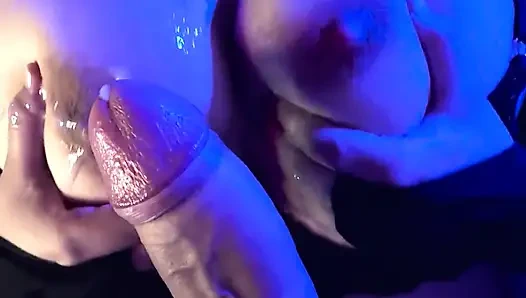 He sucks my cock until I cum on his tits