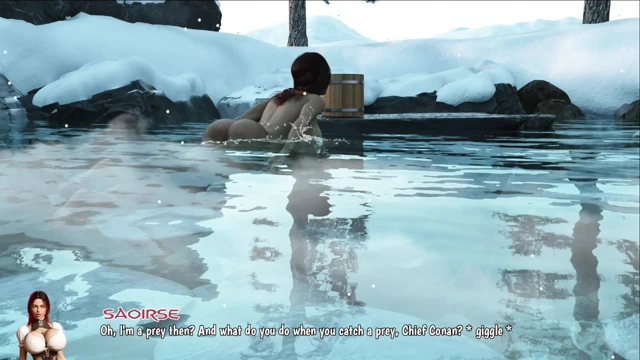 Conan kaplıcada Saoirse'i sikiyor - büyük göğüslerini sıkıyor ve buharlı suda şişman götünü sikiyor