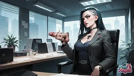 Nöro melekler: kremsi ofiste fışkırtarak sırılsıklam mavi saçlı tanrıça