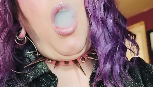 Purple Haired Smoking Goth Tina Snua Smokes Close Up - Coughing Smoke Drifts OMI OME Snap Inhales