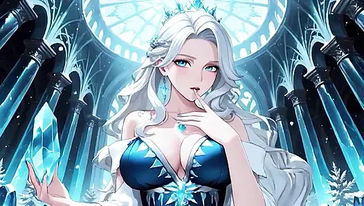 Kristal salonda gümüş saçlı buz mage! Zahmetsizce soğuğa bakarken sihir yapıyor, ama dudakları titriyor.