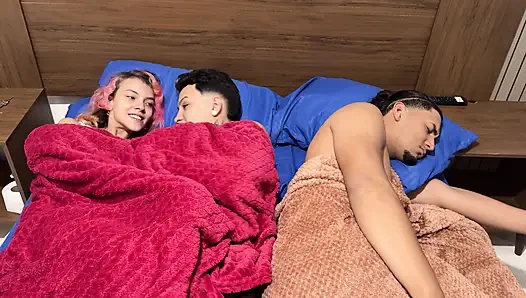 Hot stepbrother couple have sex while their stepfather is not watching.