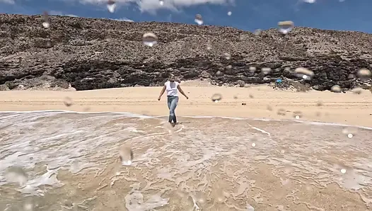 Girl Wetting Jeans in the Ocean and Swimming in Wet White T-shirt