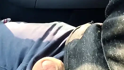 Almost caught! He jerks off in traffic in front of me, I love watching. Big cumshot! Part 1
