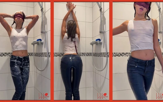Clothed Shower: Skinny Asian Wet Look in Wet Jeans & Wet Top - Solo Shower Show & Wet Body Admiration