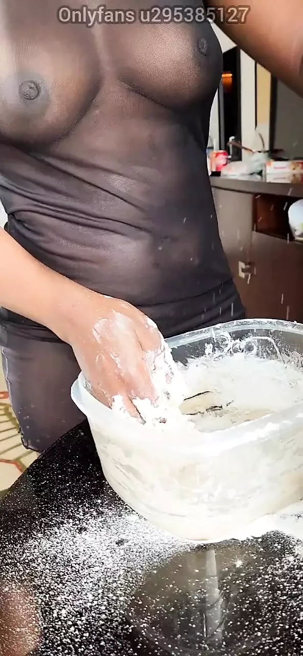 Little ebony tits nipples pussy while rolling dough baking