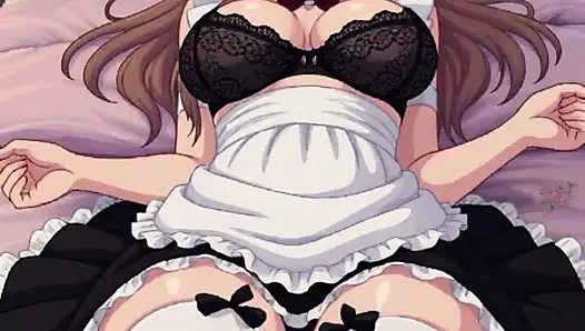 Ateşli Asyalı kostümlü hizmetçi yatakta mastürbasyon yapıyor, pixelart