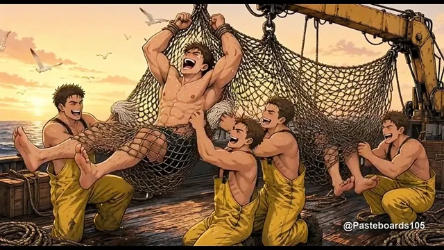 Balıkçı Ağına Asılmış, Parmaklar Kaburgalarında ve Çıplak Ayakları (2D Anime)