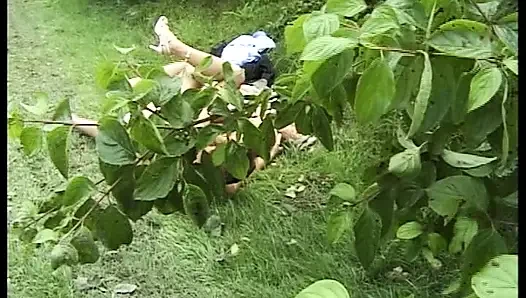 Büyük memeli Alman genç erkek avcısı doğada yarağa biniyor