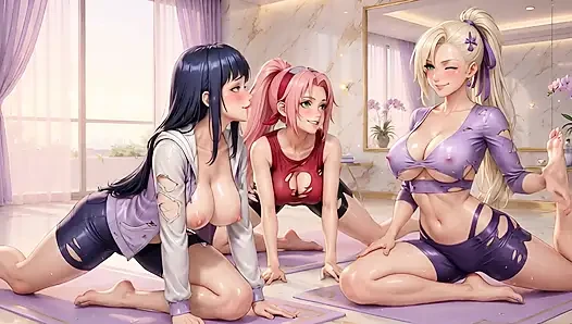 Naruto kızları yoga sınıfı çıldırdı sakura, hinata ino büyük göğüslerini azdırıyor