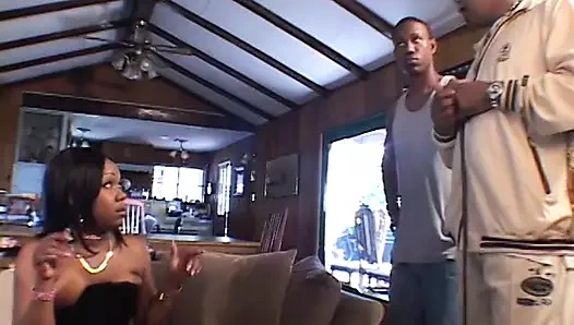 Black whore with shaved cunt gets pussy and asshole fucked simultaneously with BBC