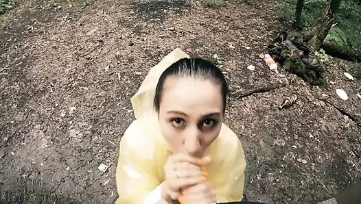 Black Lynn in Yellow Raincoat Sucking Cock in the Woods - Outdoor Blowjob and Cum in Mouth