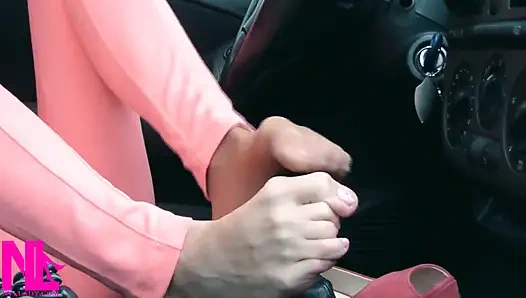 Revving and Handjob to Gear Stick in Nude Nylons and Pink Peeptoed High Heels