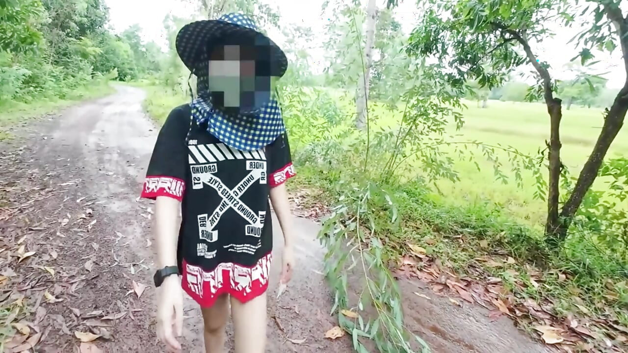 Thai Girl Walking Showing Along the Side of the Field Road in the Countryside Thai Outdoor Public
