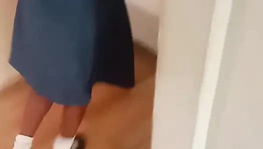 Hot 18 year old school girl plays with pink vibrator on launch chair