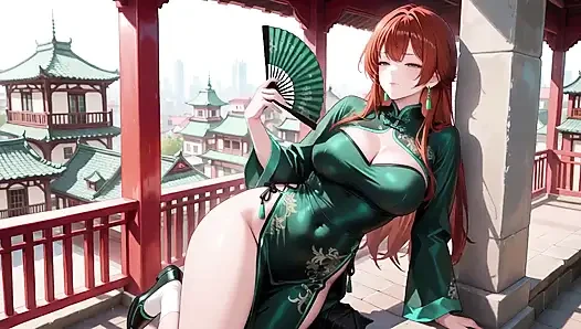 Kızıl saçlı ve zümrüt qipao! Doğu avlusunda tembel baştan çıkarma