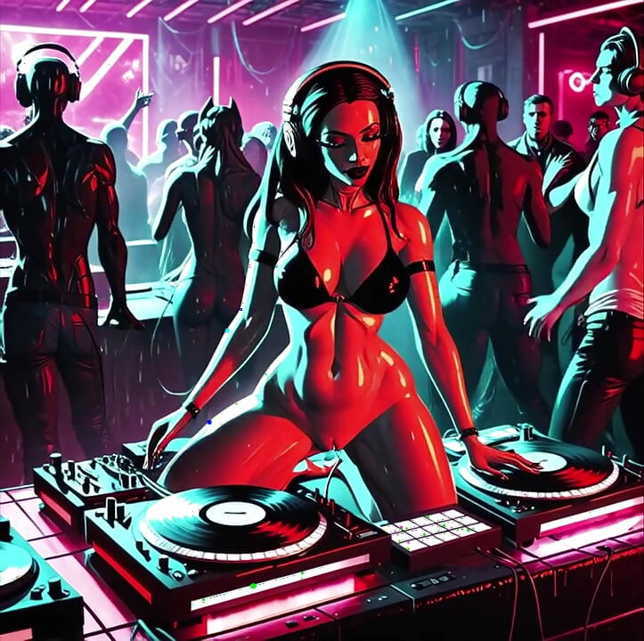 Seksi demoness dj diz üstü cyberpunk kulübü synthwave house techno ai