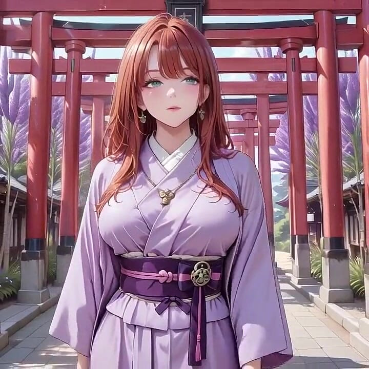 Kızıl saçlı kimono tanrıçası! Kutsal torii kapısının altında diz çöküp, sırılsıklam sırtsız kıyafetini utangaç bir bakışla ayarlıyor.