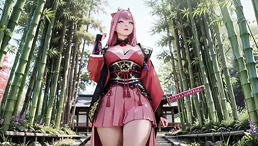 Pembe saçlı savaşçı tatami'nin üzerinde diz çöküyor, yüksek yarıklı kimono, kar yağışlı kalçalarını ortaya çıkarmak için kayıyor.