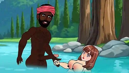 22-year-old Sabina fucked a big cock in the village man in the pond and dropped the water of the penis. Black thick cock.