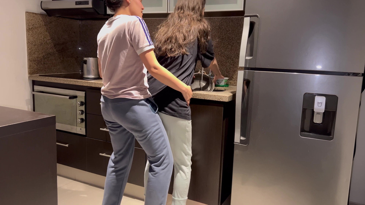 Wife fucked hard with tongue while washing dishes in the kitchen, getting her to cum before her stepmom gets home.