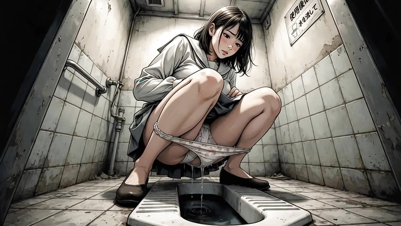 Japanese female student urinating in the restroom