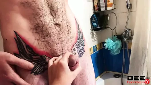 Dirty Tattoo Pervert Jerks Cock In Bathroom While Washing