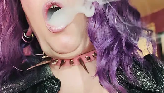 Purple Haired Smoking Goth Tina Snua Smokes Close Up - Coughing Smoke Drifts OMI OME Snap Inhales