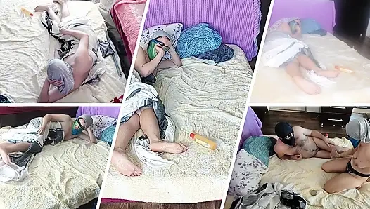 Sensual massage of a hot couple with oil on the body.