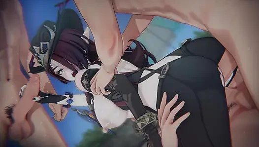 =Genshin etkisi= Chasca'nın "fallen peacemaker": bağlı gökyüzü binicisi ve bakış açısı sandviç dp (4k)