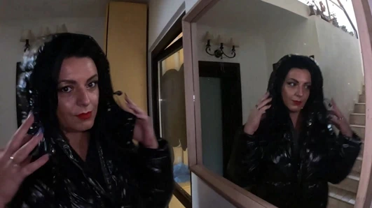 Shiny Downjacket, Jeans and Leotard Stairway