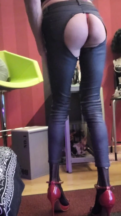 Fuck My Jeans, Open Ball, Red Thong, Red Stiletto Heels