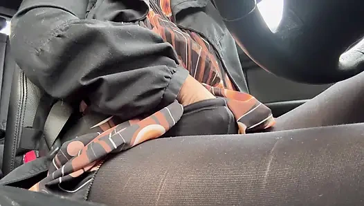 Elegant stepmom drives to the office wearing tights and a beautiful dress