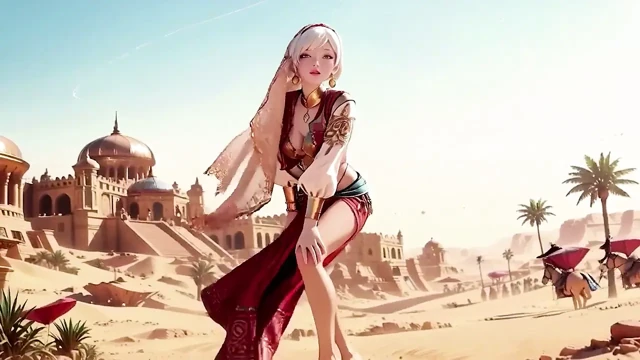 Çöl fantezisi! Kızıl altın sarayda gümüş saçlı Saintess'in özel dansı, etrafındaki açık kurdeleler.