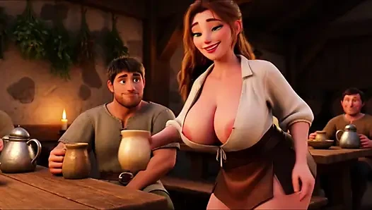 Ateşli şehvetli platin sarışın barmen neşeli patronlarla büyük memeli ortaçağ fantezi tavernasında flörtöz vahşi gece