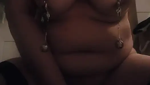 Pain slut: Nipple weights, pussy clamps. Playing with a wand to orgasm.