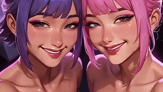 Cyberpunk lezbiyenler dil ve öpücük fetişi, ai animasyon