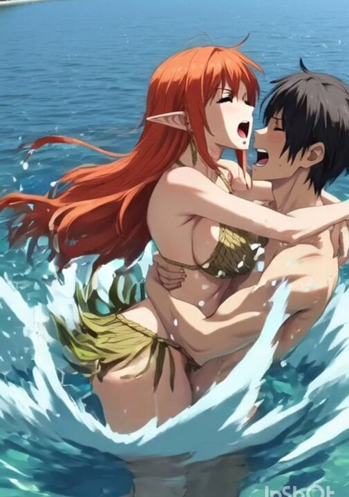 Redhead anime hentai girl fucks in the water