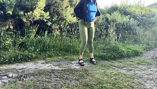 Girl can't gold her pee and pissing again outdoor, compilation
