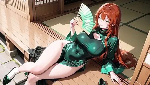 Kızıl saçlı ve zümrüt qipao! Doğu avlusunda tembel baştan çıkarma