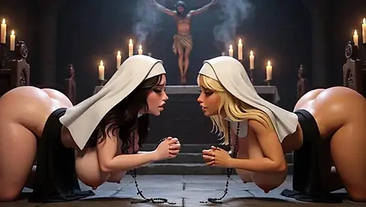 Dindar rahibeler mum ışığındaki antik gotik şapelde dört mütevazı kutsal dua ayini içinde yoğun devotionlarla