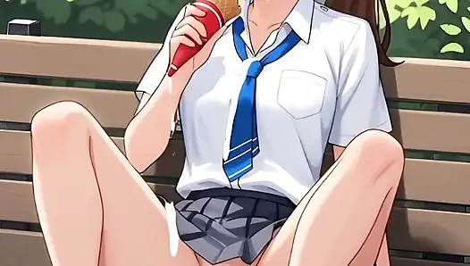 Hentai 2026!  Student licks ice cream in a park, her dripping all over the place