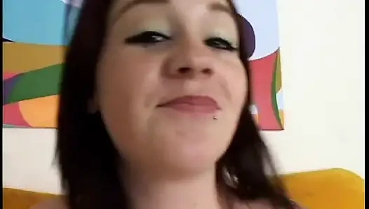 Camera man films a cute brunette slut with tattoo sucking on his hard cock